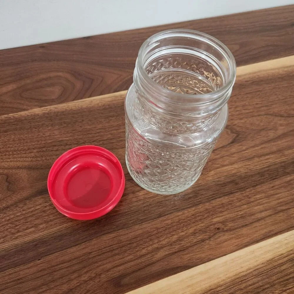Anchor Hocking Vintage Glass Canister Jar Wexford Quilt Pattern Red Plastic Lid